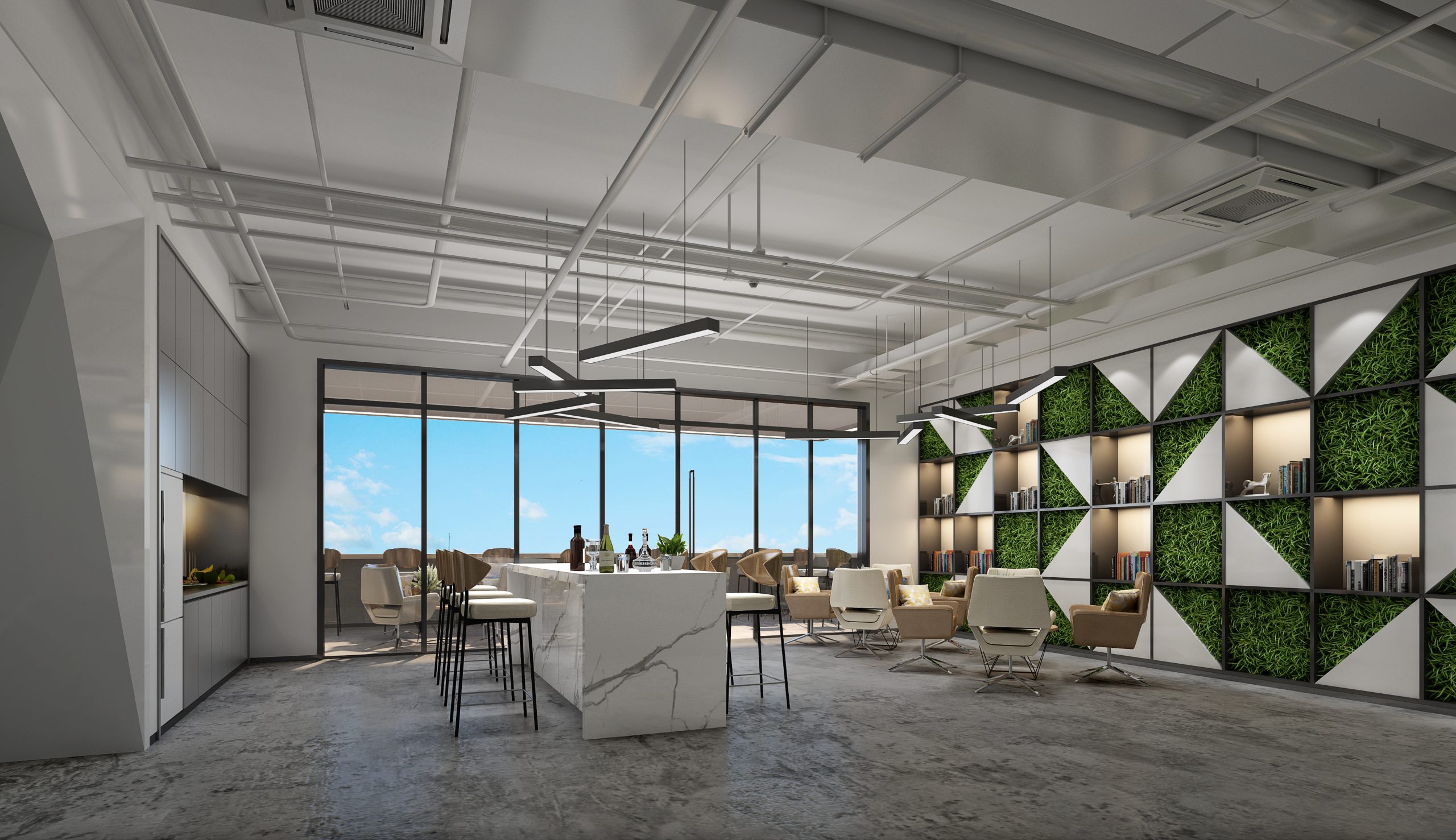 Office lounge area design renderings:3 principles about the interior design renderings of the office loung area.
